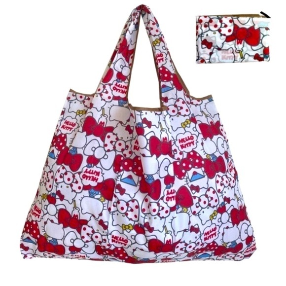 None Handbags - Kitty Red Bow Reusable Shopping Tote Bag